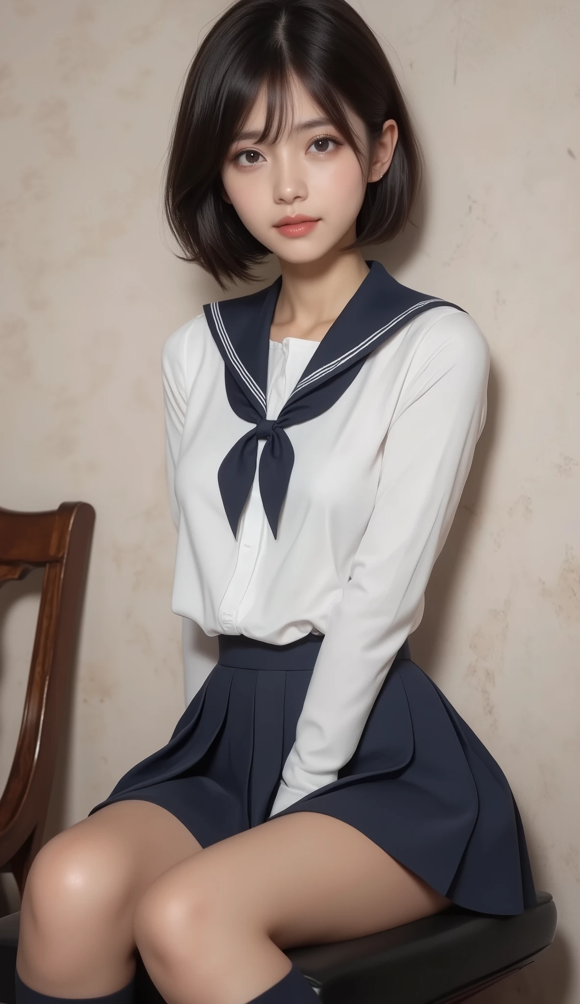 ((highest quality、8k、masterpiece:1.3)),((((cowboy shot)))),Ultra-high resolution,big eyes,Japanese,bangs,(a girl),(1 girl),((20 years old)),((facing at viewer)),(long hair),(((black sailor uniform))),grin,((sitting on chair)),(pleated mini skirt),(((pussy))),((pubic hair)),((skirt lift)),((short crew socks))