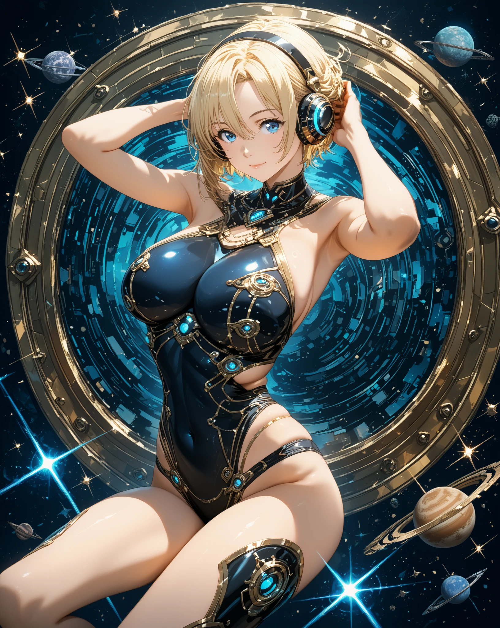 A young sexy woman with short hair and blonde hair in sexy clothes sits in a spaceship seat、A beautiful starry sky can be seen from the window.。