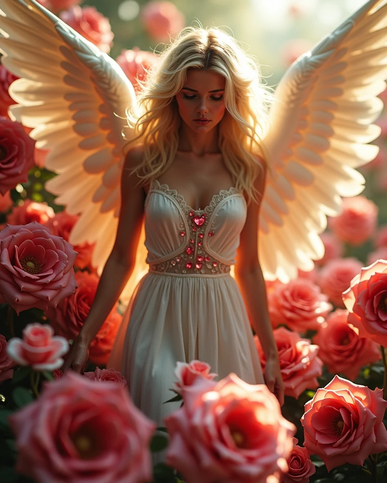 make a beautiful human woman, with wings surrounded by roses