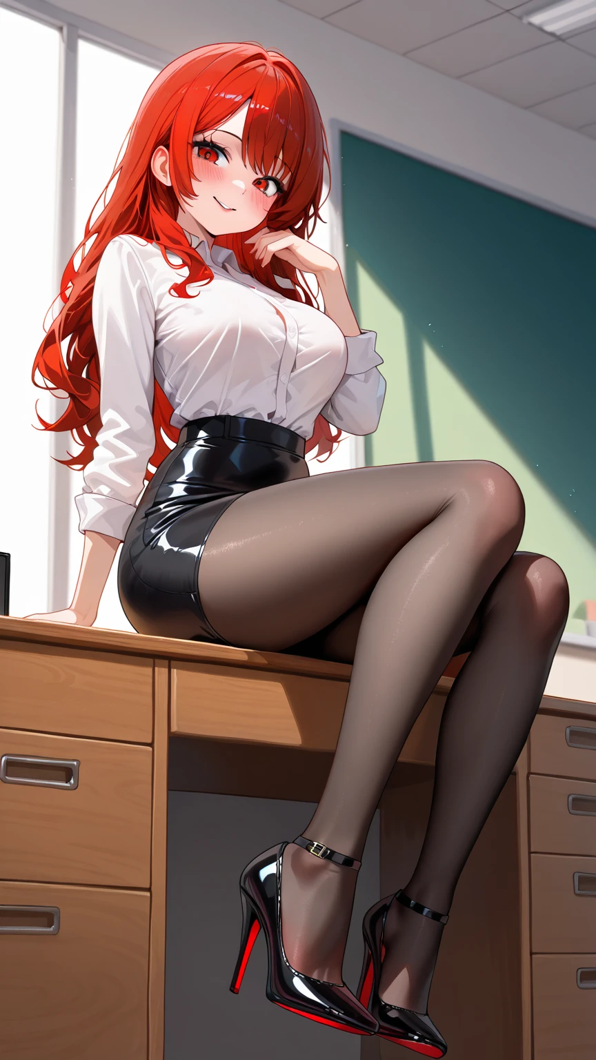 absurderes, 8K ,A high resolution, Ultra detailed, Beautiful, Masterpiece, Best quality, (Beautiful and delicate silver eyes), (1girll) ,A sexy beautiful young woman working as office OL (Office Lady),white button-down blouse,There is a collar,Black Slit Skirt,(Black pantyhose),Long legs ,Detailed legs,High heels,Side ponytail , bangs,full bodyesbian,Big breasts,cleavage,Red hair,