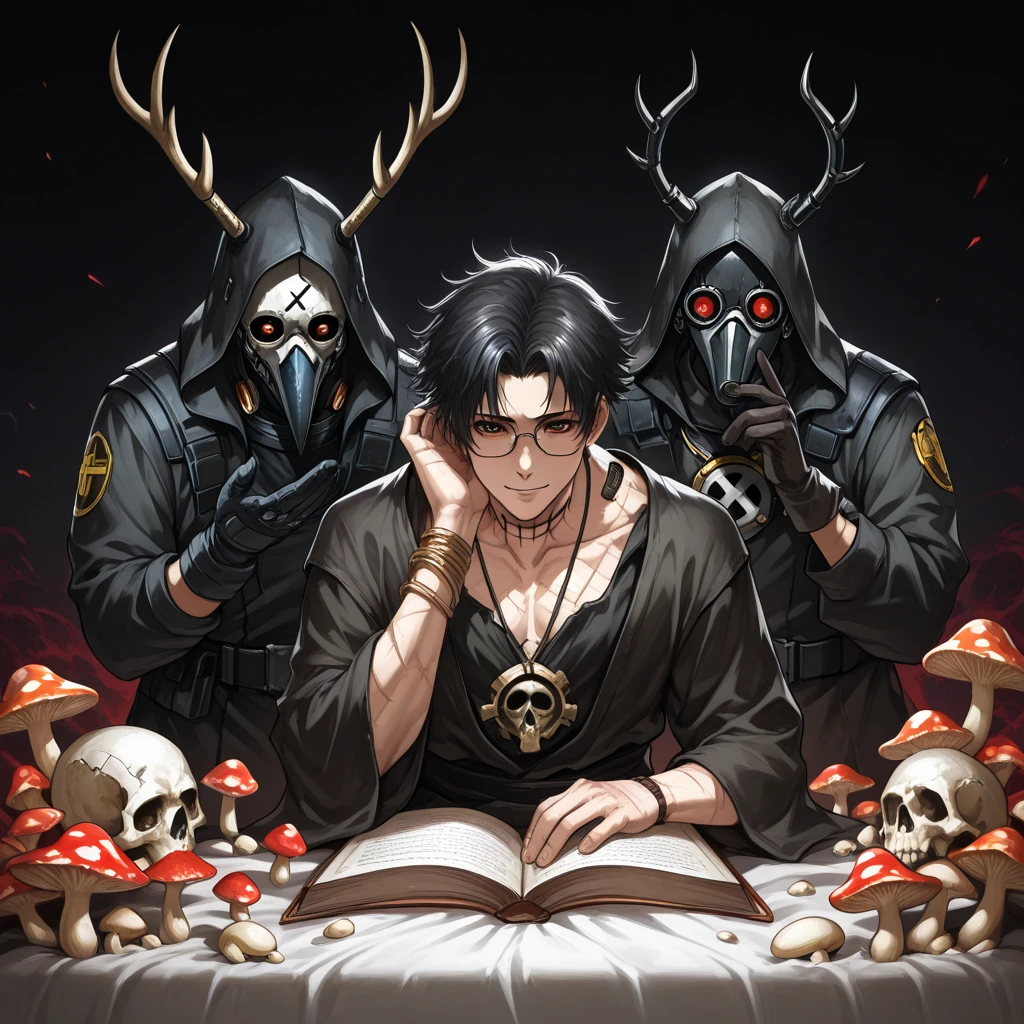 a cartoon image of a man in a black robe and a horned head, ainz ooal gown, shinigami, beautiful male god of death, king of time reaper, the king of death, the reaper as a scary, grim reaper except a rat, plague doctor, portrait of the god of death, grim reaper, official character art, akiyuki shinbou