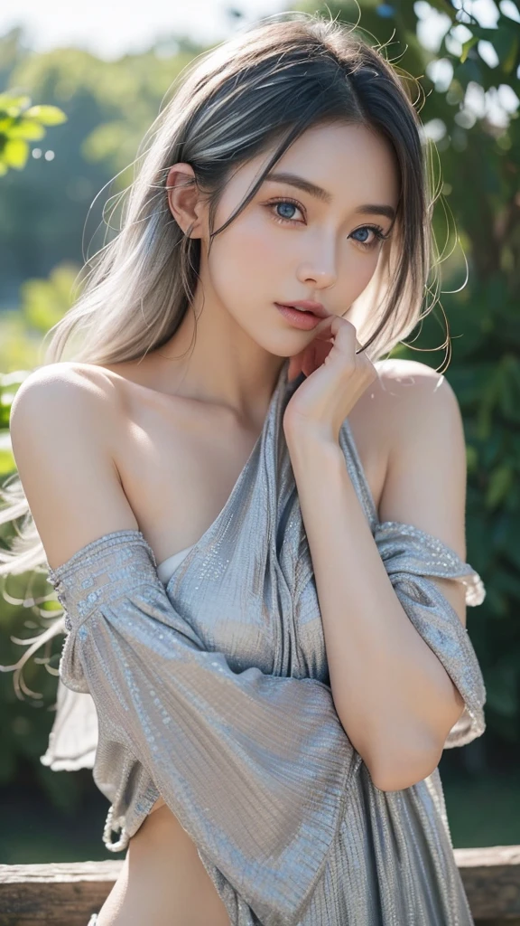 (On top of that),Dynamic Angle,Very detailed, shape, direct, 1 person, (Fantasy:1.4), (Bright Blue Eyes:1.233),Her eyes shone like dream-like stars,(Glowing Eyes:1.233),(Beautiful and delicate eyes:1.1),(Silver Hair:1.14),(Messy Hair,Very long hair,French Braid,Hair between the eyes,Side Lock), (+(flower:1.14)),(Chiffon dress,青いflower柄)/=(:1.24),(Don&#39;sleeveless,Wide sleeves),(gloves),necklace,(Micony high socks),High heel boots,(awkward),(obstinacy), (located in an old white palace、princess bedroom with a vanity and floor-to-ceiling windows),(白いflower,bloom),(Dark Blue World Tree:1.14),(what&#39;Remaining),(night:1.2),dream-like,soul,(fluorescence), [[Thin fingers and hands:0.55]::0.85],(Finger details),(Soup dumplings:0.5)、beret、Escape、18-year-old、Large Breasts, Highest quality, Very detailed, Beautiful light, Beautiful views, Mild hot flashes, smile, ((masterpiece)), (Japanese Manga:1.5), ((Highest quality)), (RAW Photos: 1.2), (Professional photography:1.2), whole body, 8k, From the side, Wide-angle lens,