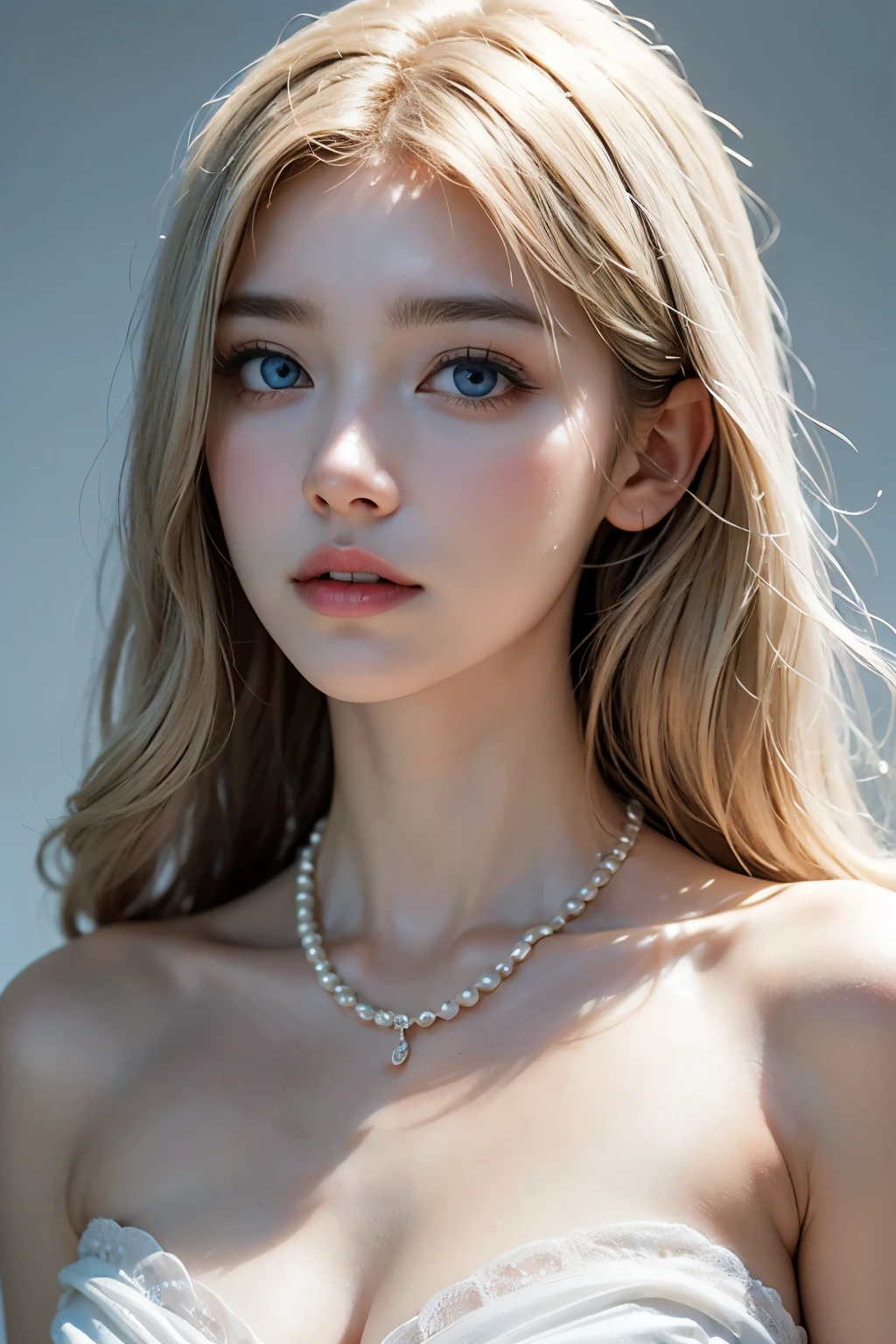 girl with light blue eyes, platinum blonde, pale white skin, plumply lips, modest black dress, pearl necklace, white background