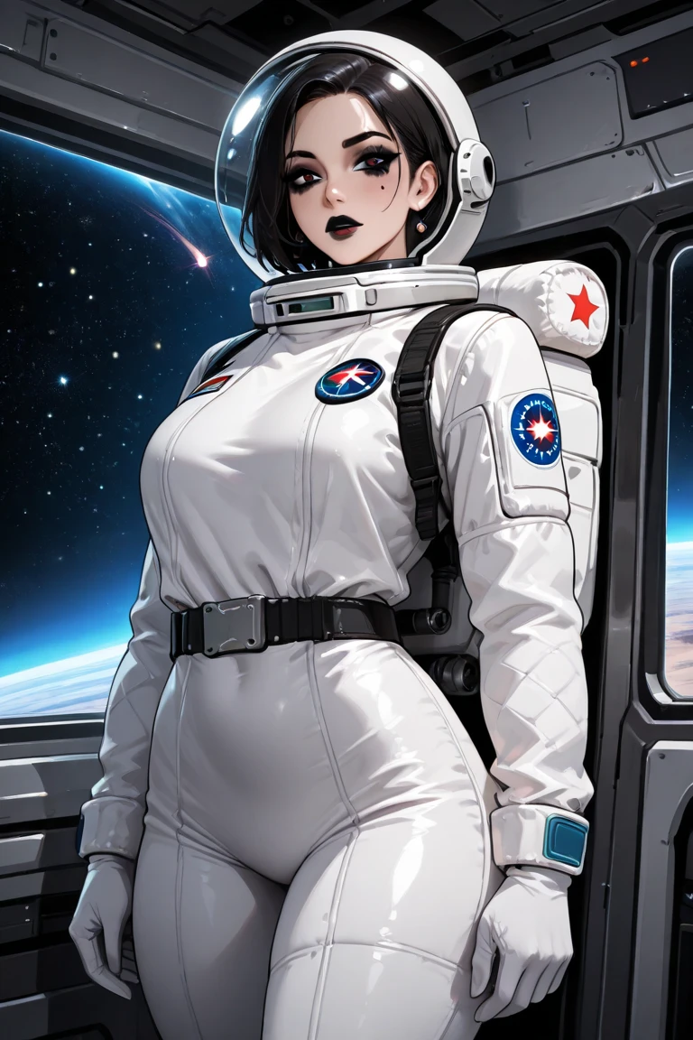 Woman astronaut, large partially ?????  , curtain in the astronaut's unbuttoned spacesuit , high quality, high detail, detailed eyes,  in outer space ,  the spacesuit is unbuttoned, you can see  and thongs
