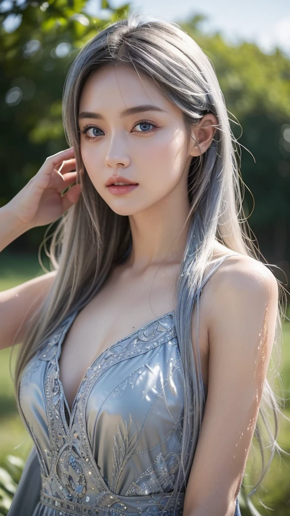 Ultra-detailed complex 3D rendering of the face, (masterpiece, top quality, octane rendering,), glamour shots, full body image, very beautiful young elves, cleavage, (highly detailed skin: 1.2), (exposure: 1.1), (((((gold micro bikini: 1.95)))). Beautiful Caucasian woman with white skin with full soft breasts (conspicuous large pink areolas)), (8K, golden butterfly filigree), (conspicuous large pink areola)), one, long braided hair, big breasts, dynamic angle, (((Huge breasts: 2.4)), ultra-realistic photos, (Blue hair)))), futuristic urban background, facial muscles, ((((Detailed and glamorous silver tiara)))) ), in the style of Marvel Comics, ArtStation Trends, Clear Focus, Intricate Detail, Very Detailed, Detailed Green Eyes, Very Detailed, Sharp Focus, Digital Rendering, Professional, Abs, Lip Gloss, Glossy Skin, Sexy Pose, Shot with Canon EOS R 6, ((((Sexy Pose))), Bonytail, Bare Feet, Wet Skin,