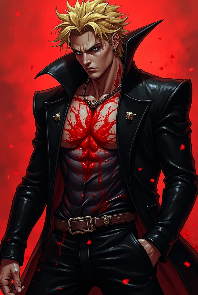 Man white skin, blond hair and seductive. With red eyes and blood dripping from his lips. No blouse and black jeans. He's in a haunting house. --auto --s2