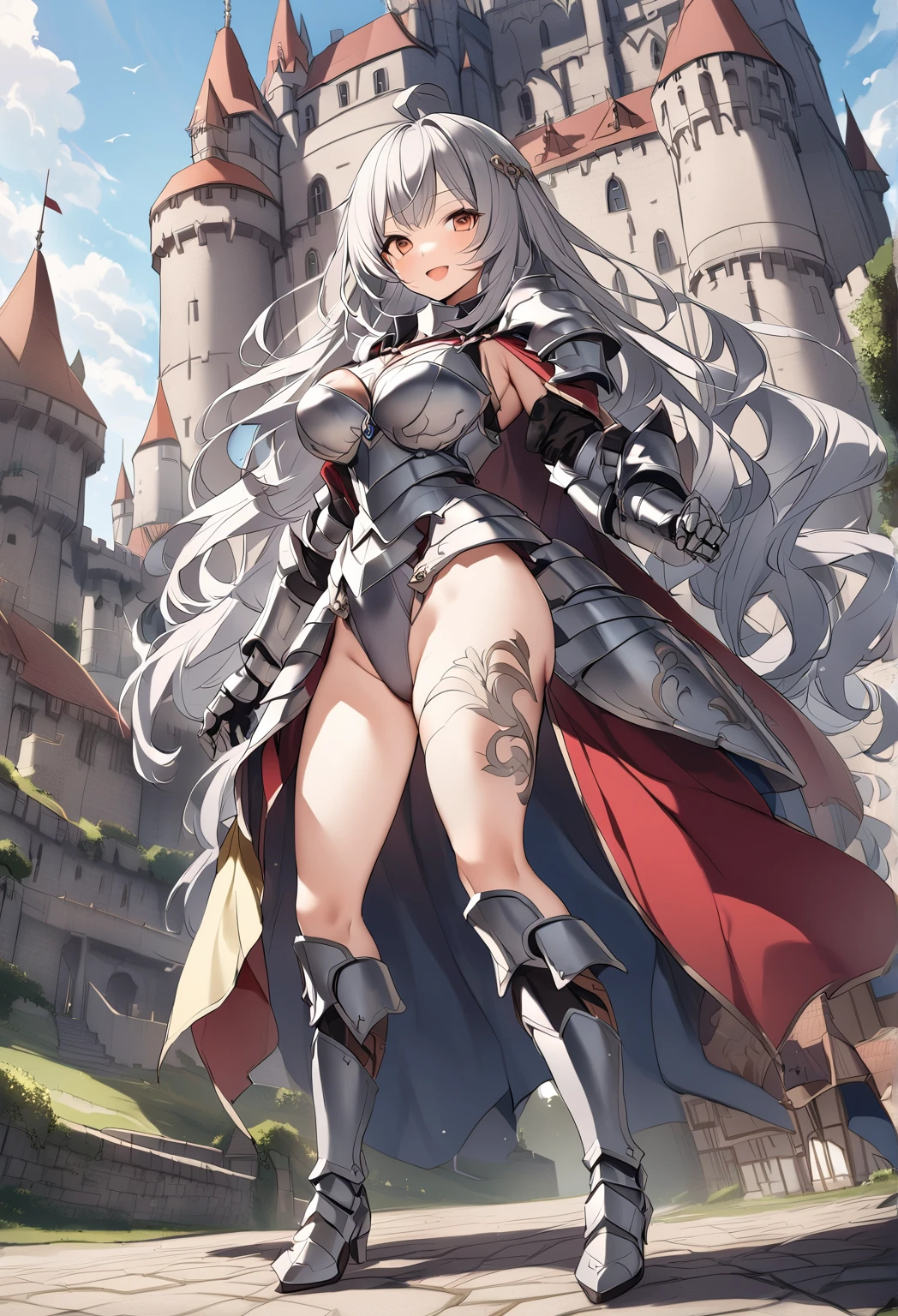 Woman knight、a beauty girl、huge tit、Excellent style、Nice Buddy、glamorous、leotard、s Armor、Bra chest armor、knee boots、gauntlets、hair adornments、silber hair、Longhaire、Ahoge、a medieval castle、is standing、full body seen、Outside the castle、natta、a smile、slightly open mouth
