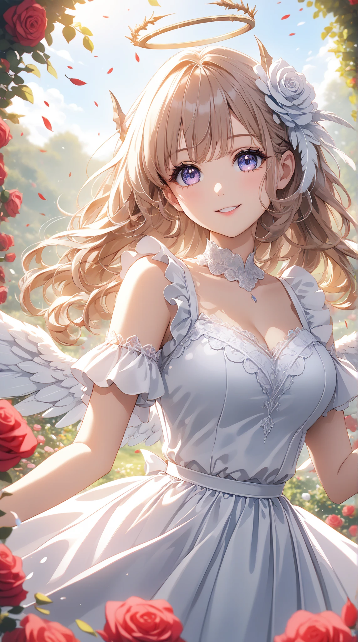 offcial art, Representative works European women, angel, White wings, pale brown hair , Brown eyes, (tmasterpiece、top-quality、A high resolution: 1.4),8K, anime art nouveau, highly detailed exquisite fanart, Anime fantasy illustration, clean and meticulous anime art, detailed anime art, Sharp focus, Delicate and beautiful hair,Eyes and face, hentail realism, ultra - detailed, Flower garden, Sunlight,
