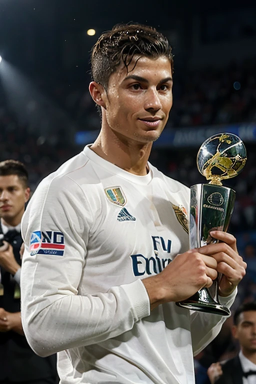 Cristiano Ronaldo in Real Madrid uniform lifting the trophy