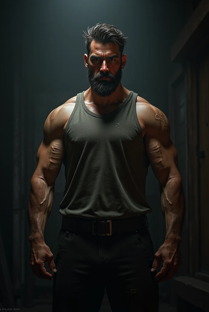 bodybuilding physique, A muscular man with a strong build. calvo, He has a well-defined jaw and a serious expression. His skin is clear, and he has a short beard. karateka boxing, karate pose, crossed arms, only pants, beautiful face, full of light. A determined look, military, Russian, apocalyptic city background, fighting zombies, punches against zombies, sneaker mask, Sunglasses