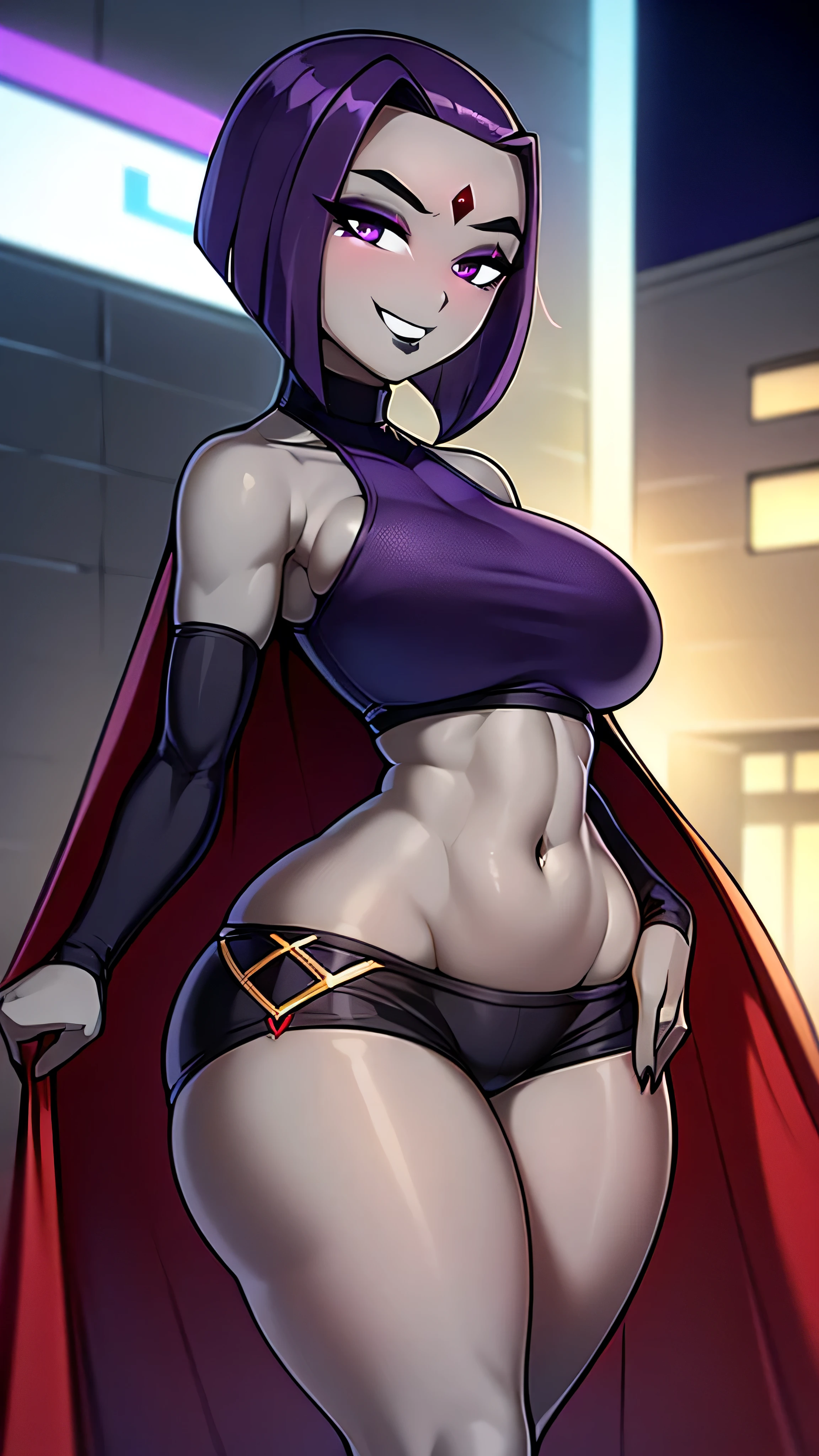 ((Full body photo, feet on the ground, front view)). Samantha/woman, she has very large breasts, is wearing black/ninja style bathing suits, no cloak, no cape, extremely exhibitionist, extremely tight on the body. ((She's near a bloodfall full of zombies)). ((She has {very short purple hair}, {blue eyes})), her hair and body are very wet, is staring at the viewer with smile, ninja weapons, closed fists, fighting position, flushed face, anime, Mortal Kombat, 16k, high quality, high details, award winning, highres, textured skin, anatomically correct, masterpiece, ccurate, UHD