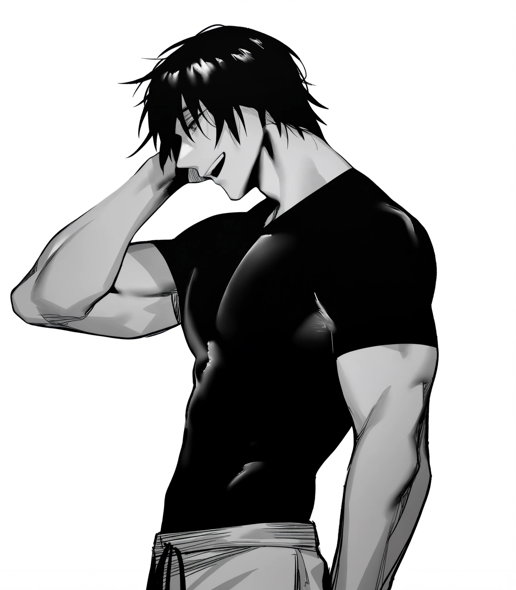 by hxd, monochrome, 1boy, solo, fushiguro touji, black hair, muscular male, broad shoulders, black shirt, short sleeves, tight shirt, sanpaku, white pants, sweatpants, standing, from side, looking away, upper body, open mouth, smile, head tilt, hand over head, looking down, talking, white background, simple background, masterpiece, best quality, amazing quality