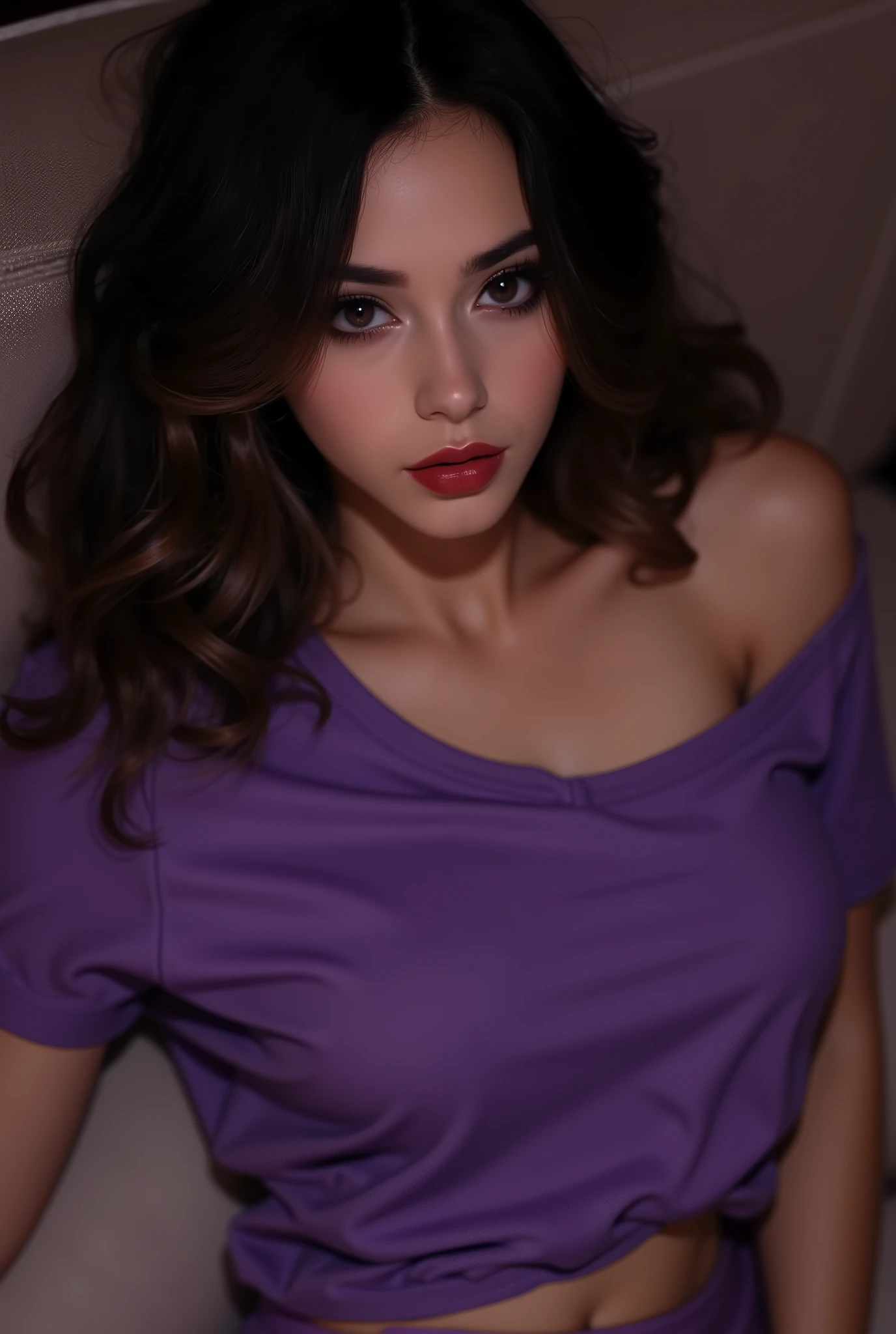 This woman's name is Ailina, Ailina is 18 years old, Ailina is a woman of Russian origin living in America, Ailina has wheat skin, Ailina has brown eyes, Ailina's hair is wavy, Ailina's jaw lines are quite prominent, Ailina is 175 cm tall, Ailina is her lips are slightly full, Ailina is smiling, Ailina has a big gold necklace around her neck, Ailina is wearing a purple tracksuit, Ailina is only visible from the waist up, Ailina is in front of a purple wall, the wall is only purple, there is a large painting on the wall that says BB Ailina is posing with a kiss, there is a dim yellow light in the environment. (warm lighting), (dramatic shadows), (Vivid colors), (photorealistic), (8k), (Highly detailed), (masterpiece).