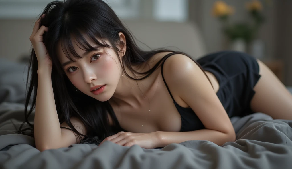 a woman，cute and pretty face，long straight black hair，long bangs that cover the eyes，long eyelashes，(fine eyes)，small eyes，(half closed eyes)，(dark lipstick)，(dark eye shadow)，Skinny body，perfect breasts，naked, thin limbs，spaghetti strap dress，Inside a hotel room，evening，Clean approach，shallow depth of field，Ultra detailed faces，very beautiful face，Extremely high textured skin.，look at the viewer，nice legs，seductive，female pose，(realist ，realist-photo，photo and gross，original 8K)，Lens flare，film grain，Artistic photography，UHD，high resolution，Masterpiece，retina，