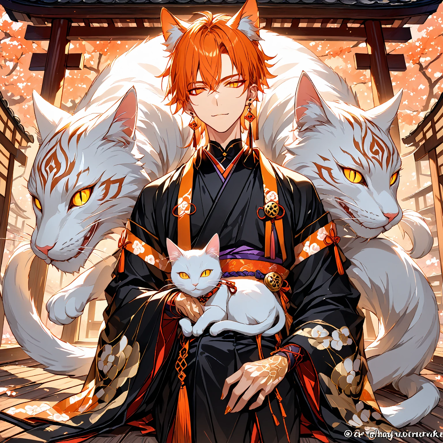 “High resolution, Best Quality, masterpiece, ultra high definition, very detailed, beauty. in a kaleidoscopic style in digital art style. 1 handsome adult male character. he has a habit of orange short hair. he has double, slit hazel eyes and cat-like eyes. He is fair skinned, tall, and has a slender but muscular physique. he wears braided earrings and multiple other earrings. His nails are slightly long and sharp. he is a Japanese cat monster with cat ears of the same color as his hair and a cat with split ends The tail of is attached. his clothes are unique and stylish, and he wears kimonos, coats, and harnesses in style. He has a mysterious charm. He has a gentle expression and smiles. he lies comfortably on the veranda of an old Japanese house. he has two cats  beside him. he shows his knee above the viewer. Japanese-style fantasy with an overall beautiful and mysterious atmosphere. The lighting is soft yet dramatic, he highlights his eye-catching features. he is an old fashioned Lying comfortably on the veranda of a Japanese house. focus on the character. The only character other than 2 cats.”