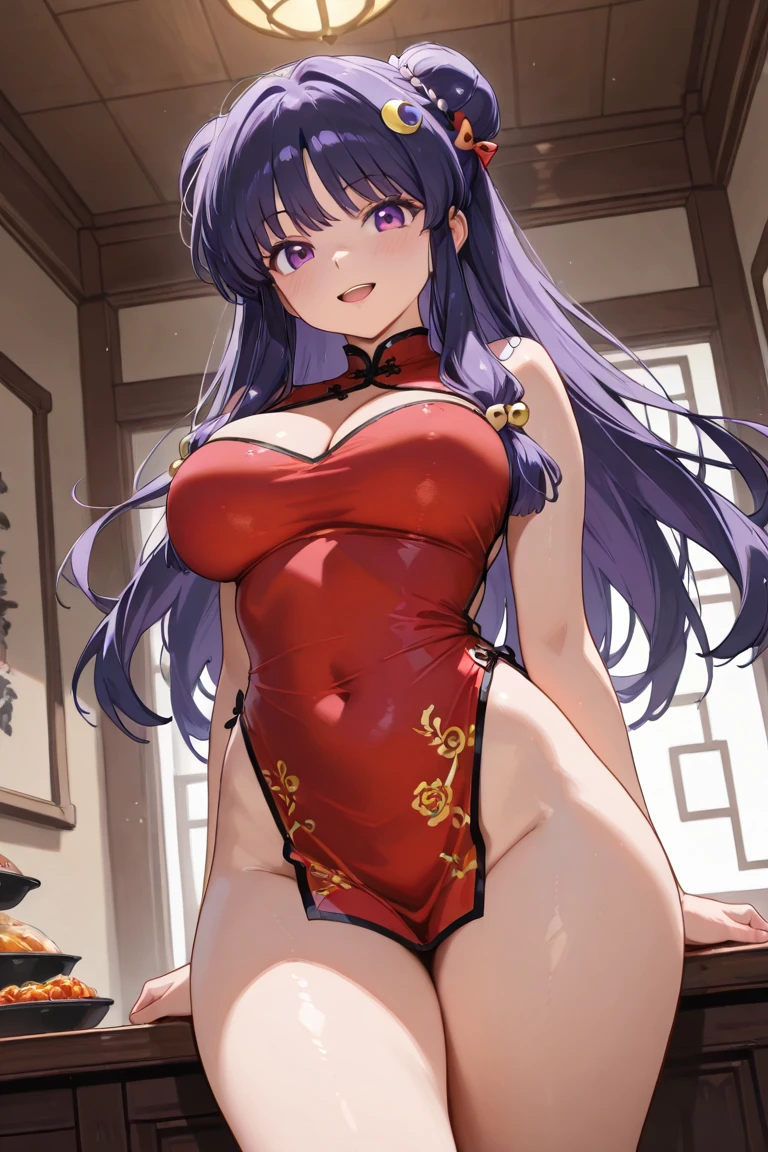 (Masterpiece, High Quality, High-Detailed, Detailed CG, Cinematic Lighting, Photorealistic Lighting, Beautiful Detailed Eyes, Ultra Resolution), (Erotic Suggestiveness:1.0), (China Dress:1.5), (Erotic Dress:1.0), (Exposed Breast:1.0), (Black Underwear:1.0), (Anime Style:1.3), (Anime Female:1.0), Large Breast, Feet, NSFW, Five Finger, Purple Hair, (Double Bun Hair Style), (ダブルお団子), Detailed Hair, Tied-hair, Long Hair, Purple Eye, On Bed, Drenched in Sweat, Wet Body, Thigh, Black-Pantyhose, Pantyhose, Embarrassing Face, Chinese Living Room, Chinese Background