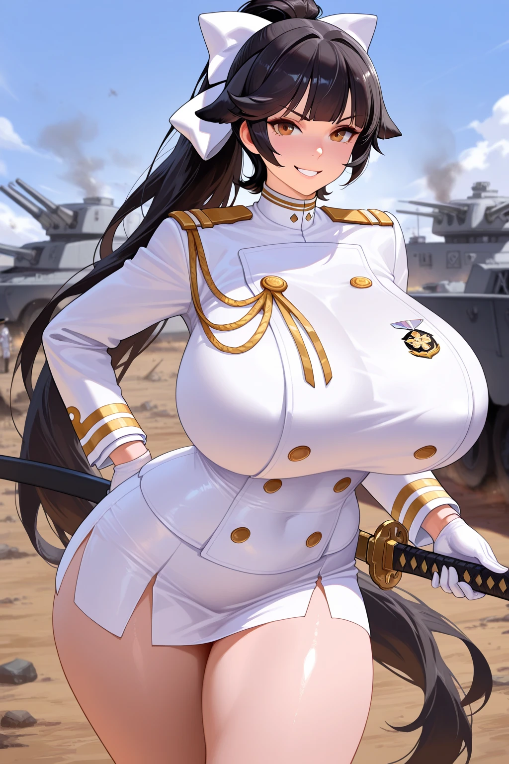 1girl solo, huge breast, black short hair, bangs, blue eyes, military uniform, epaulette, necktie, long sleeve, partially submerged, in mud, flooding up to the chest, upper body, seductive smile, (jungle:1.3), from above, hands up, (blush:1.3),