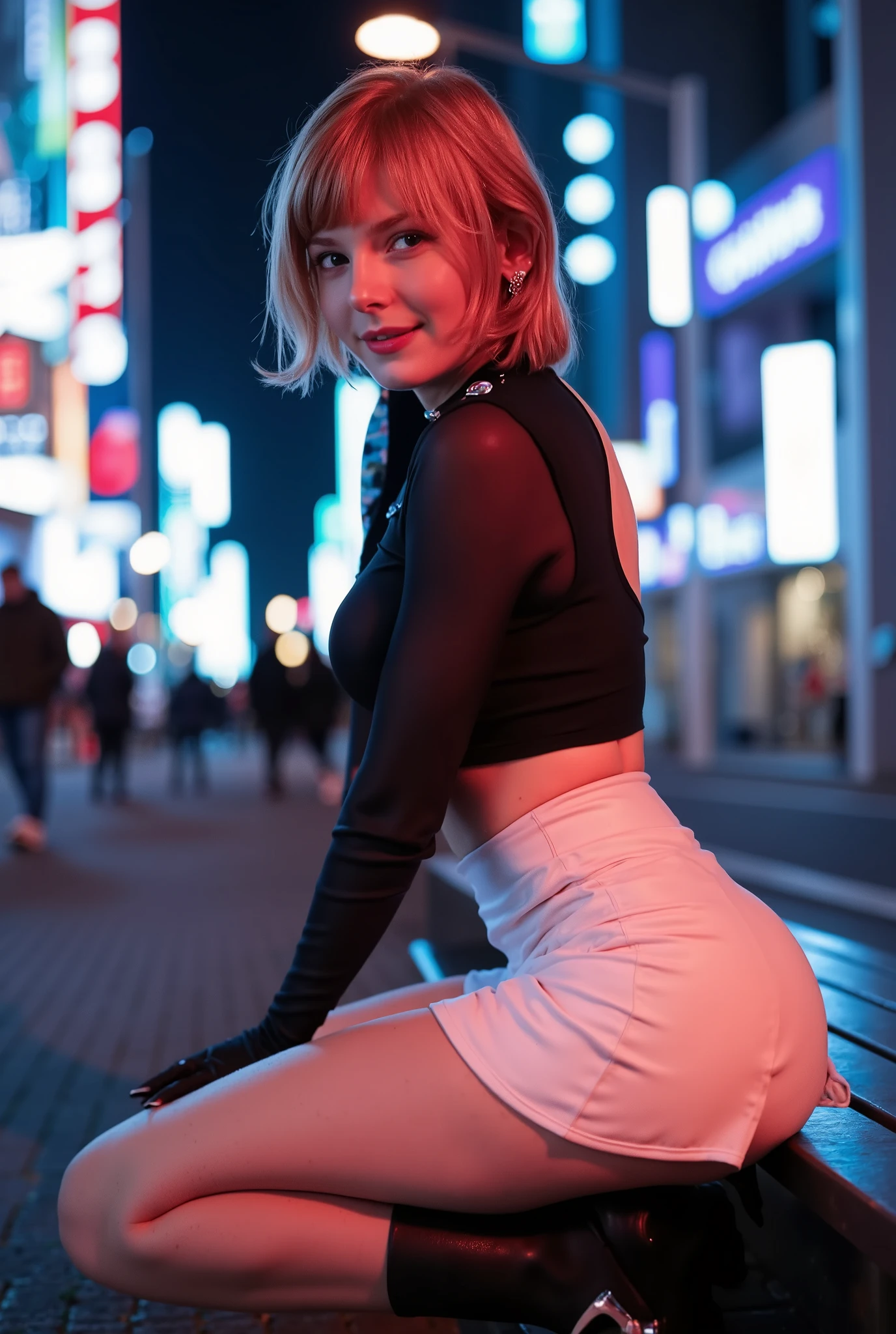A young woman with short wavy blonde hair, technology wears a futuristic and cyberpunk outfit that includes a tight blouse and a short pearl white skirt, environment while in an urban night environment full of neon lights and advanced. She is kneeling on a bench, showing her athletic figure and flirtatiously moving her hips, with seductive expression and erotic thoughts. Her skin is covered with sweat due to the heat, and wears an outfit that highlights her slender and attractive figure. The scene captures precise details of her face, hands, Feet and nails , with intense light and ray tracing effects to create a realistic and high-quality, combined with futuristic and technological elements typical of the cyberpunk style.