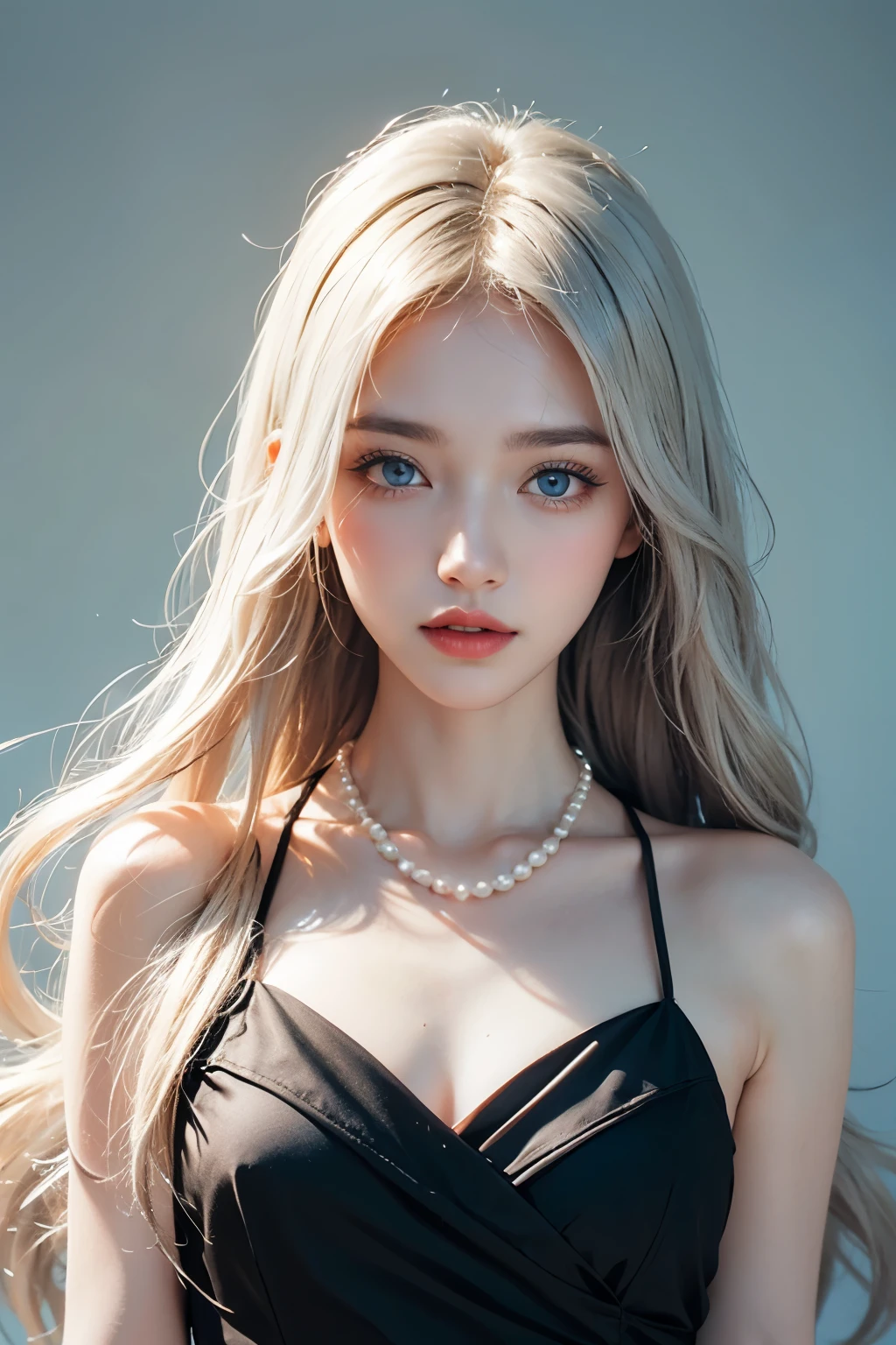 girl with light blue eyes, straight long platinum blonde hair, pale skin, plumply red lips, black dress, pearl necklace, plain background