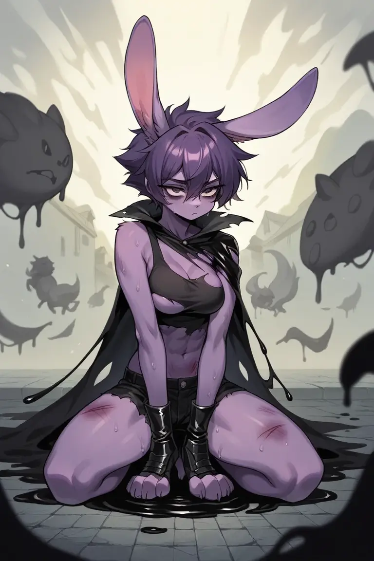 create a picture of a female half rabbit character with purple giant rabbit digitigrade legs with white paws and black stains, put purple rabbit ears on top of her head with black stains, make her nude, put purple fur on her arms from her elbows down, give her short brown hair, make her legs look fluffy and furry, make it in an anime style, make her fur slightly tattered and torn, make her look super tired, give her black gauntlets, make the background look like a pitch black wet environment, cover her fur in black goo, make the black goo dripping from her arms and legs, make her look bruised, put her in a defeated stance, give her a black tattered cape, give her moderate breasts, give her several large bandages, cover the ground in black goo, make it raining black goo, make the environment very dark, completely soak her in black goo