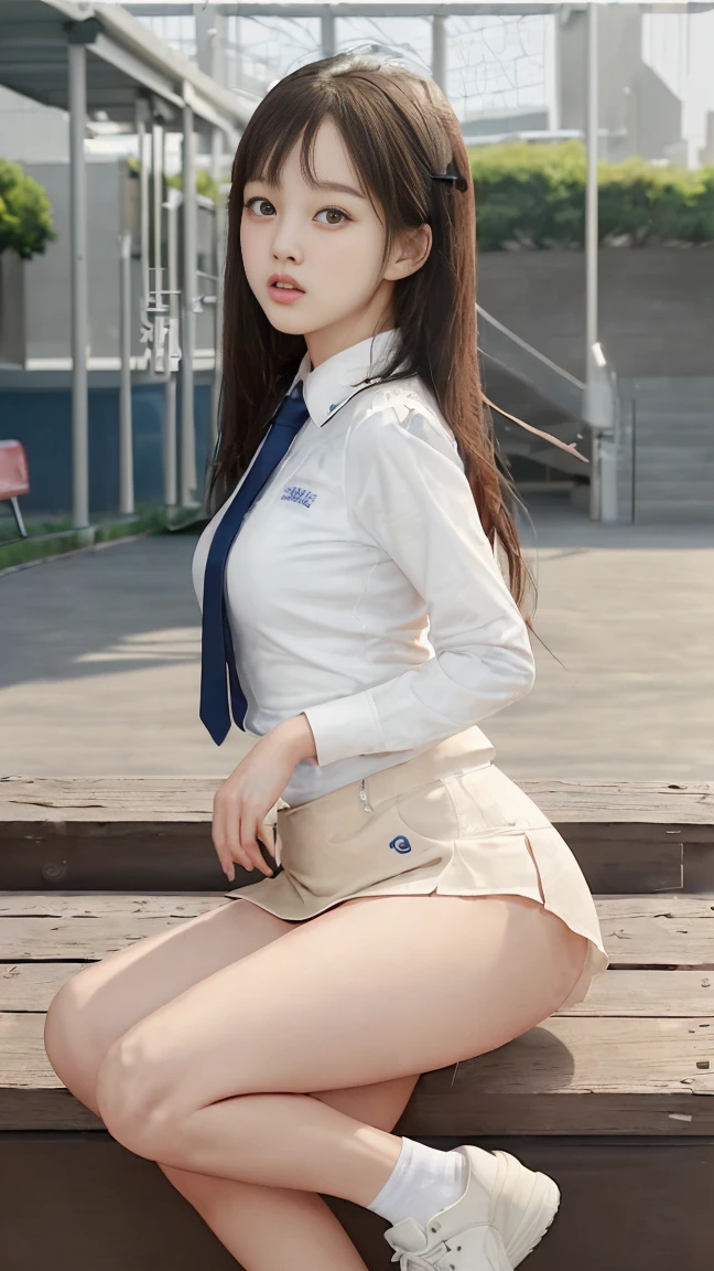 Unripe and beautiful little loli,, (Z-cup oversized swelling exaggerated breasts), （Cover the breasts），Wearing a Chinese school uniform，A school skirt that shows a large part of her ass，Pose with various gestures，Full body photo，full-body portraits，Take a picture of your back