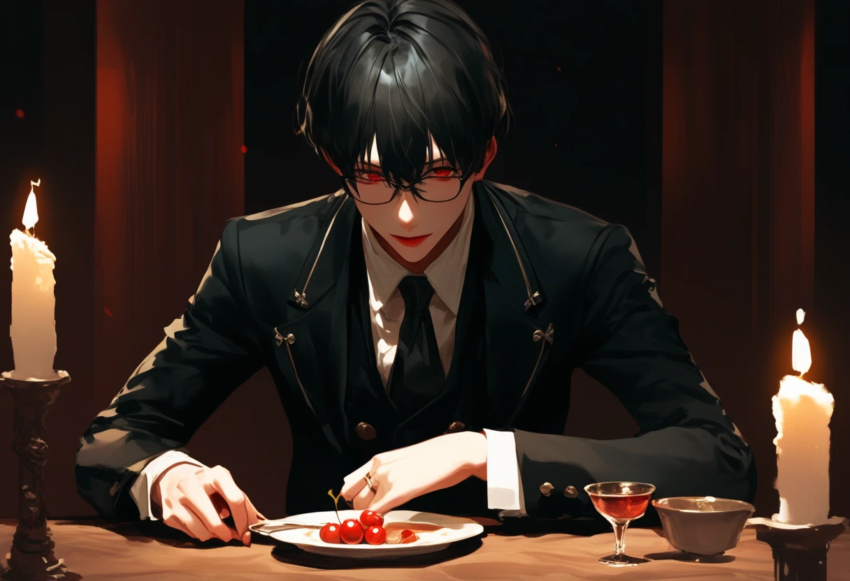 At night, by the window, Red Moon, a handsome boy, eating a large piece of raw meat, about to turn into a zombie, short black hair, white suit, red eyes, raw meat, coffee table, no plate, no blood, highly real, 4K, chiaroscuro, super high detail, there is energy flow, energy