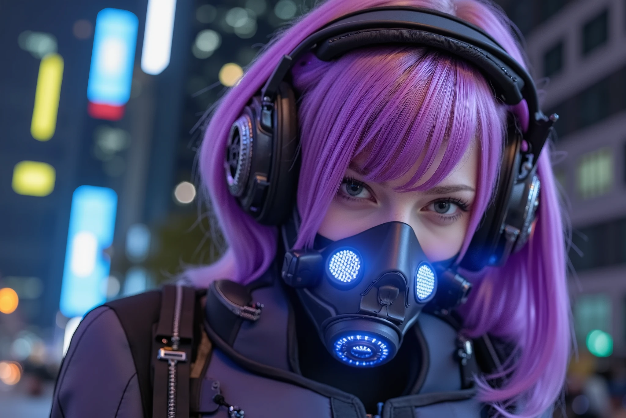A young woman with violet hair and bright eyes, dressed in a futuristic cyber combat suit, , she wears a respiratory mask with blue lights and is in an urban night environment full of neon and advanced technology.
