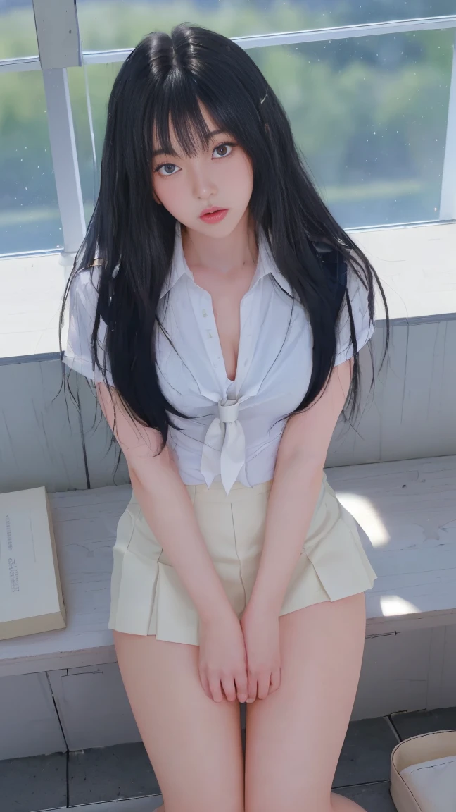 Blackpink&#39;s Kim Jennie with black hair, pale skin, japanese, con cara de doll, large eyes, fat and round lips, ojos de doll (doll), with black eyes, big chest.
blue shirt, thin straps, prominent neckline and big chest.
Black hair Sitting with view from above Provocative pose Japanese Little clothes, only shirt and skirt