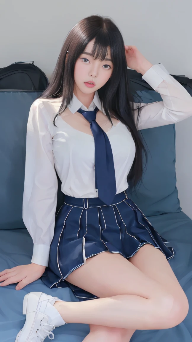 8K, Best Quality, real picture, Intricate details, Ultra-detailed, 超A high resolution, Depth Field,(Photorealistic,Realistic:1.2),masutepiece, 0.25 :: close-up , straight shot , from miiddle ,1girll, 。.。.。.。.。.。.。.。.。.AI_Zen Buddhism, an extremely beautiful 17-year-old girl, Innocent big eyes, (brown_Short_hair), (Green_Eyes:1.0),(Bangs Airlines),disheveled hair,(hair pin), perfect glossy skin, flawless skin, Fair skin, Huge breasts, cleavage, Narrow waist, Light blush, Solo, view the viewer, lightsmile,chubby under the clothes, Sweat,Wearing ((School_uniform), (white_Skirt),(Blue_long_tie), (Blue_pleats_Skirt), (Black_pantyhose) :1.2), (Gravure Pose :1.1),Sunset ,High School in Japan ,(chiayi:1.5), closeup cleavage, tmasterpiece, best qualtiy, RAW photogr, realisticlying, faces, incredibly absurd res, depth of fields, hight resolution, ultra - detAi body led, finedetail, Very detailed, extremely detailed eye and face, Sharp pupils, pupil realistic, tack sharp focus, cinmatic lighting