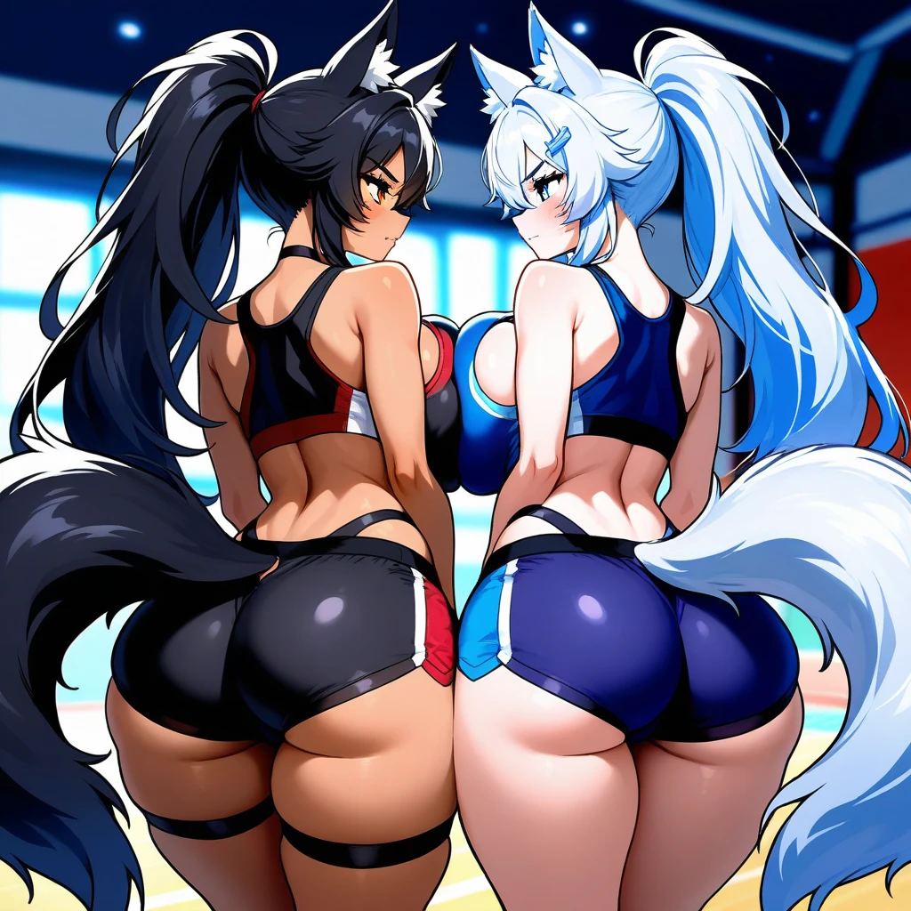 2 girls, girl racers, dark skinned with tanlines, topless, formula one race paddock, small breasts, fat ass, bubble booty, boots, covered in cum, covered in money, high quality resolution, very high quality, beautiful anime eyes, comparing asses, leaning against racecar, smiling, on all fours, bending over, zoom in on ass, ass close up