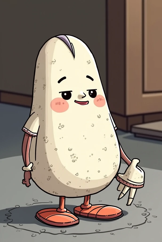 dugong's body is pink and both eyes are green. It has 6 legs like a caterpillar and all its legs are orange. It has two sharp tails. and the tail is purple. This dugong also has teeth like a walrus and has tentacles. Dugong's wearing a chef hat too and wearing a backpack to school.