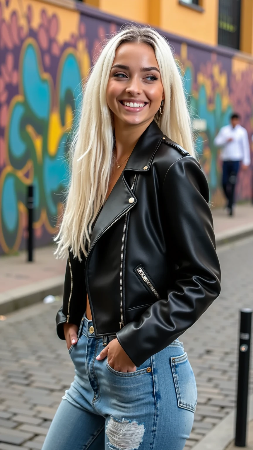 Super Resolution、Beautiful Caucasian Woman、Blonde Hair、blue eyes、Hairstyle bun、ear piercing、necklace、leather jacket、shirt、smile、Beautiful teeth alignment、The background is a town street
Full body