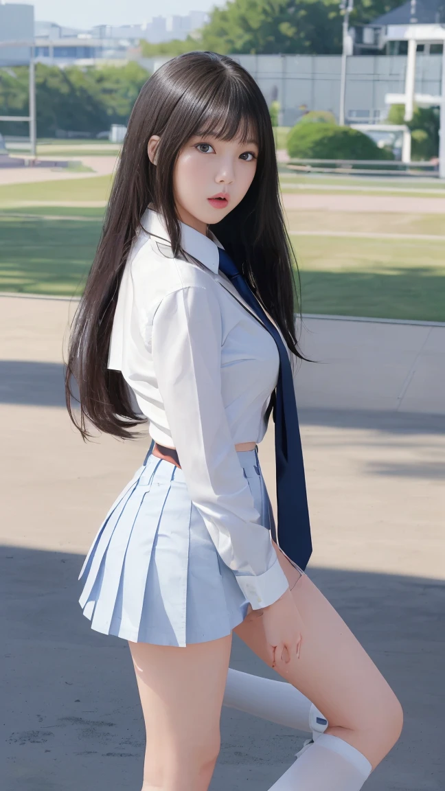 (Japanese-style school,the cherry trees:1 Elf beauty,Kneeling pose,Kneeling pose,Point at you with your ass,a sailor suit),A masterpiece of normal posture, best qualtiy, RAW photogr,Meticulous facial portrayal,realisticlying, Incredibly Ridiculous res,(Elf long ears), ear studs,hair pin, (Long flowing silver-black hair),eye shadows,(a sailor suit),eardrop,short skirt,(Black sport socks:1.9)(Black half-knee socks+),(Low-heeled leather shoes),two longer legs,depth of fields, A high resolution, ultra - detailed, filigree, RAWE is very detailed, very detailed eyes and faces, Sharp pupils, realistic pupil, tack sharp focus, cinmatic lighting,full bodyesbian,Bigboobs,long leges,From the front side,dynamicposes,Normal posture,closeup of face