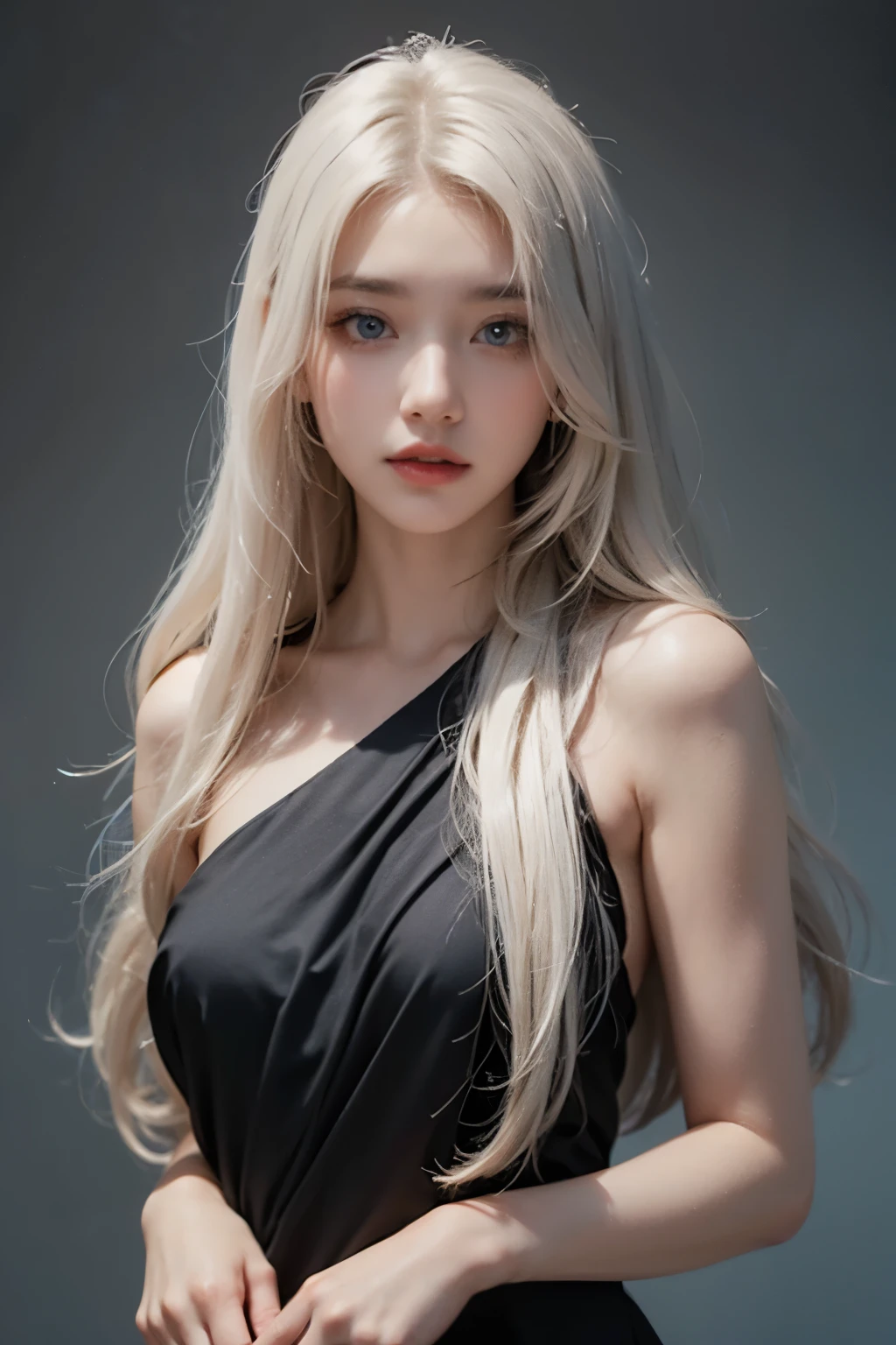 girl with light blue eyes, straight long platinum blonde hair, pale skin, thin pointy nose, plumply red lips, modest black dress, plain background, looking at front