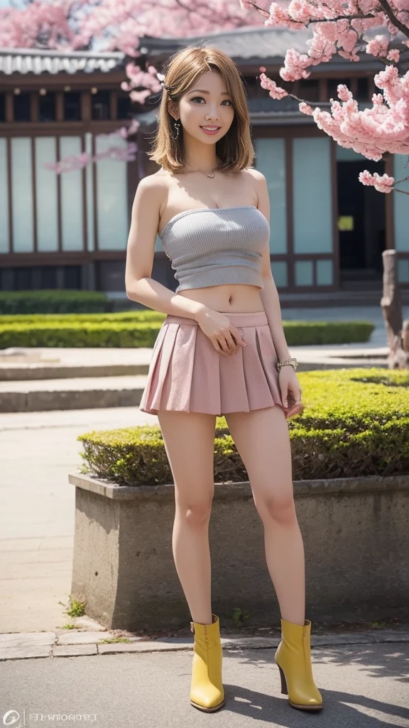 (8k、RAW Photos、highest quality、masterpiece:1.2)、(Realistic、Realistic)、1 girl、((Pink off-shoulder、Belly button、cute、mini skirt、Chest ribbon、boots、Large Breasts、stage、Spotlight、smile、View from the front、standing with one hand on hip))、Lots of eyelashes、Glowing eyelids、skeletally correct