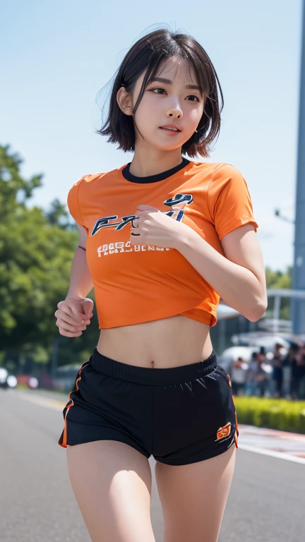 8k、Ultra-high resolution、Highest quality、masterpiece、Realistic、Ultra-high resolution、High-definition RAW color photos、Professional photos、real、photo realistic、(Always big breasts、Definitely a pretty big bust、cleavage)、Vivid lighting、Natural skin texture、Fine skin、Hyperrealism、Intricate details、Depth of written boundary、Adult women、masterpiece、Highest quality、High Detail、Eye highlights、Lip gloss、((smile、((Very Short Hair))、Marathon runner、Streets of skyscrapers,Drive in the center of the road、Dark gray separate uniform for track and field athletes、redSports Bloomers、(Full body running pose):1.5))、running shoes、((running、Must-have red high leg bloomers for competitions,()Crowds along the road,Lots of runners):1.6)),(athletic female,running,Sprinting,((flat chested,small breasts,Erect nipples,on side,face focus)),wet clothes,sweating:1.3)