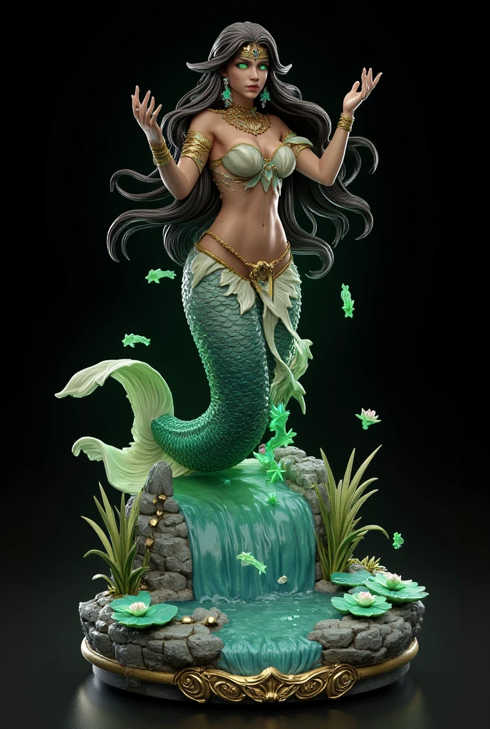 A stunningly realistic black mermaid, with iridescent scales shimmering like opals and diamonds, sits elegantly on a submerged rock, playing a intricately carved, glowing harp under the celestial glow of a full moon, amidst a kaleidoscope of aquatic life, with seaweed swaying to the melody, in a lush 3D render, boasting razor-sharp focus, hyper-realistic portraits, and an ultra HD, vibrant palette of turquoise, sapphire, and emerald hues, with an exaggerated sense of drama, crafted using cutting-edge 3D modeling, Octane rendering, V-Ray, and Unreal Engine, evoking an otherworldly, cinematic atmosphere.