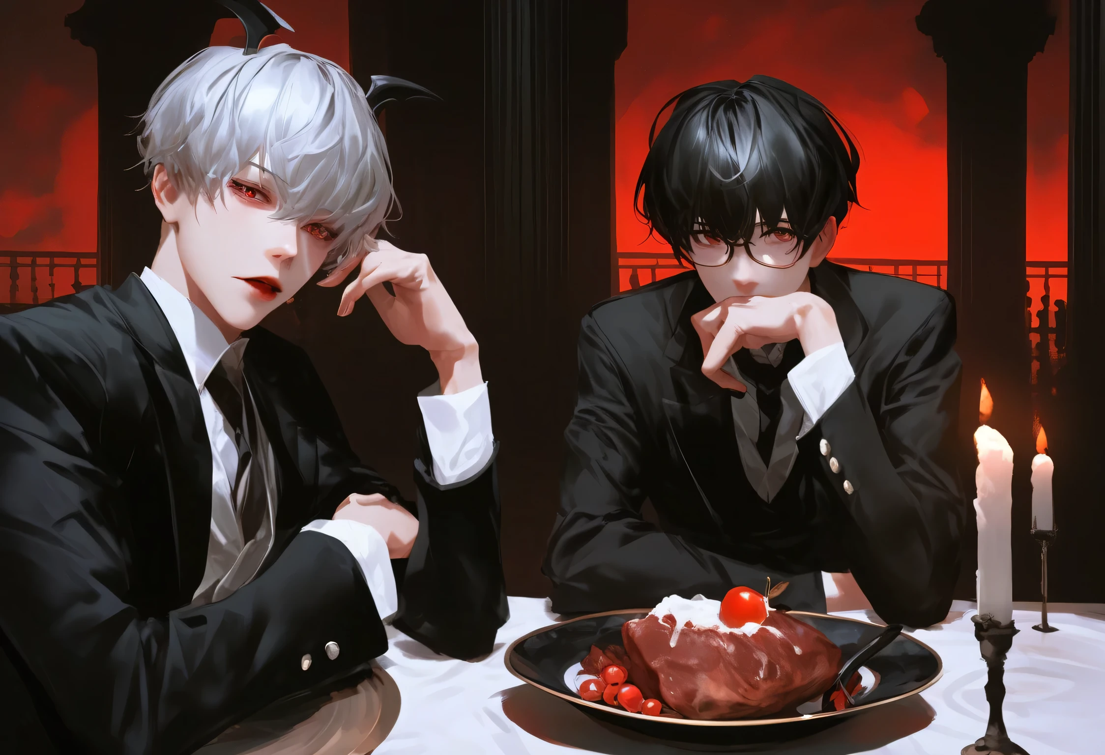 Anime - style illustration in a dark, gothic theme. Two characters are seated at a table set with dark candles, plates of what appears to be raw meat and cherries, and glasses of red liquid, suggesting a vampire - themed feast. The character on the left has white hair and is dressed in a formal black double - breasted suit with silver accents, while the character on the right has dark hair with small horns, wearing a black outfit with skeletal patterns. The background features large, marble - like columns framing a pitch - black void. At the top, the text "3 & 4 卷&卷" is displayed, and at the bottom, the text "極楽街伝" is shown. Use high - contrast, dark color palette with detailed line work to enhance the spooky and elegant atmosphere. --ar 3:4 --s 1200 --niji 5