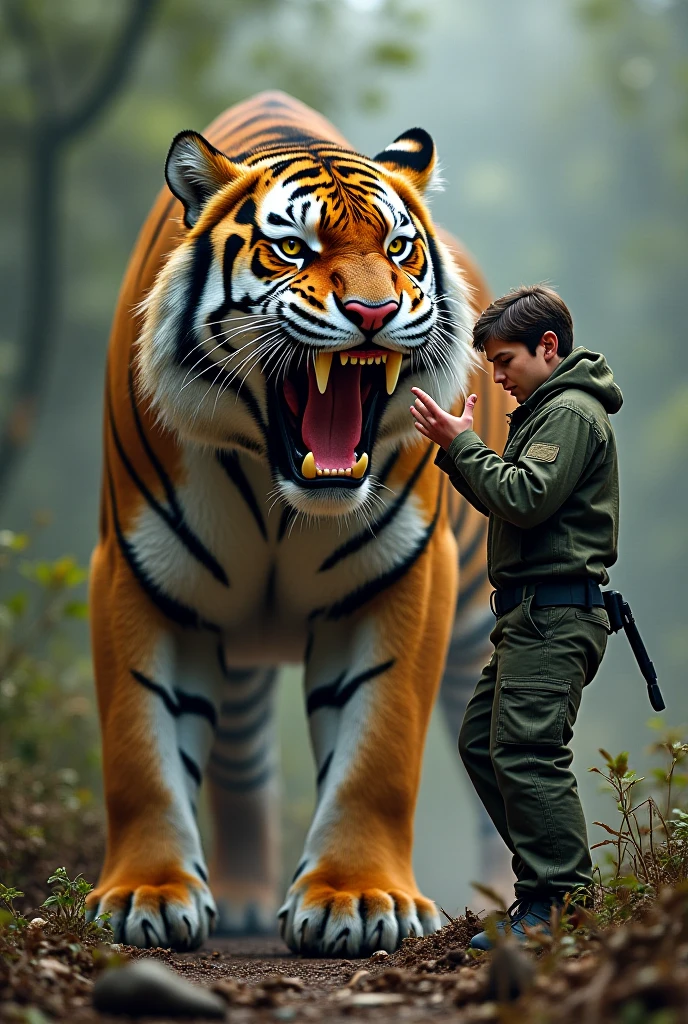 A boy fighting with tiger and in school