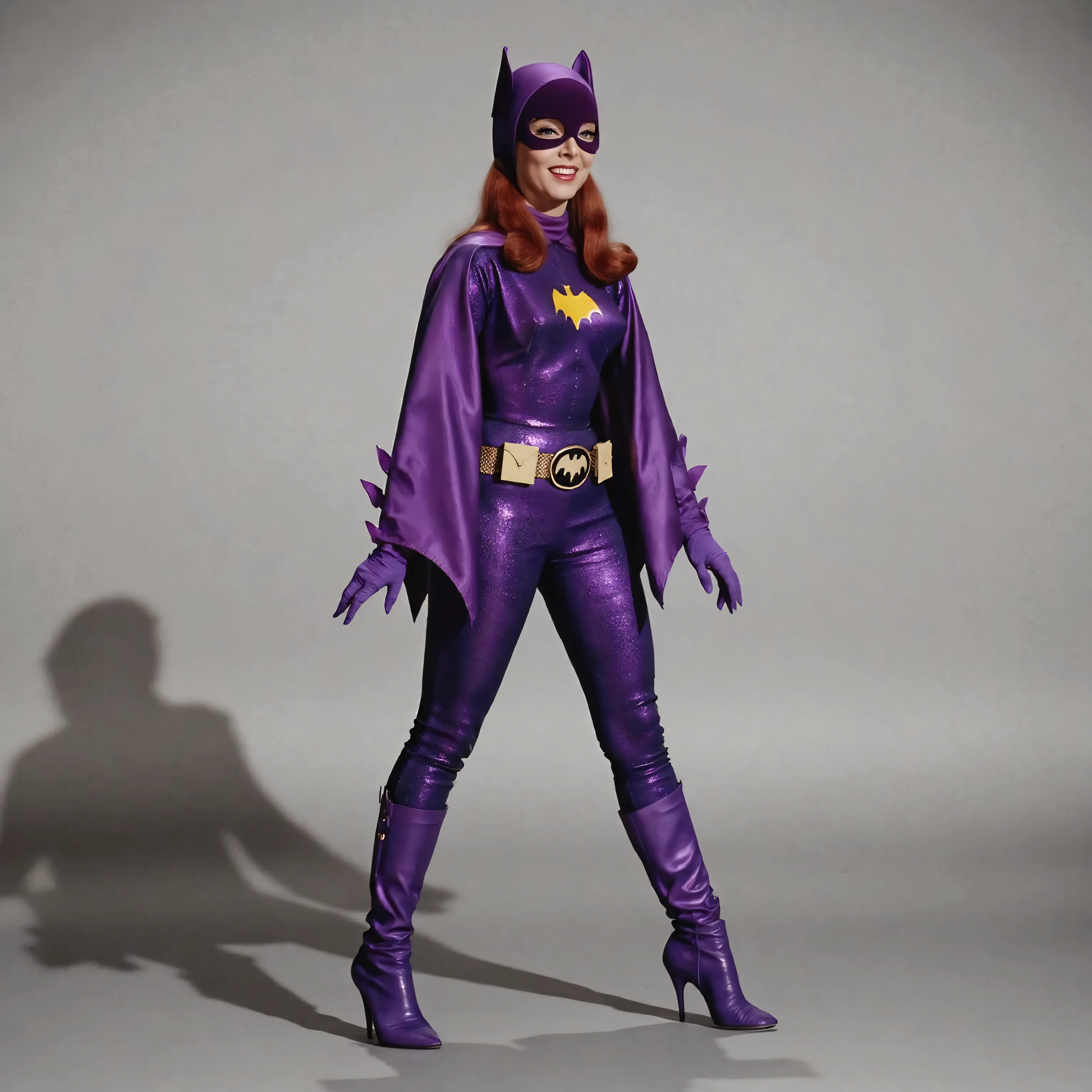 B4tg1rl WOMAN, Yvonne Craig woman, Yvonne Craig as Batgirl, batgirl, 60s Batgirl, retro purple Batgirl costume, standing in a sexy pose ready to seduce batman, smiling, retro red hair, makeup, purple Batgirl gloves, full purple Batgirl cowl, purple Batgirl mask, purple Batgirl purple gloves, sexy purple leather knee high boots, wide hips, muscular waist, medium chest, sculpted abdominal musculature, 