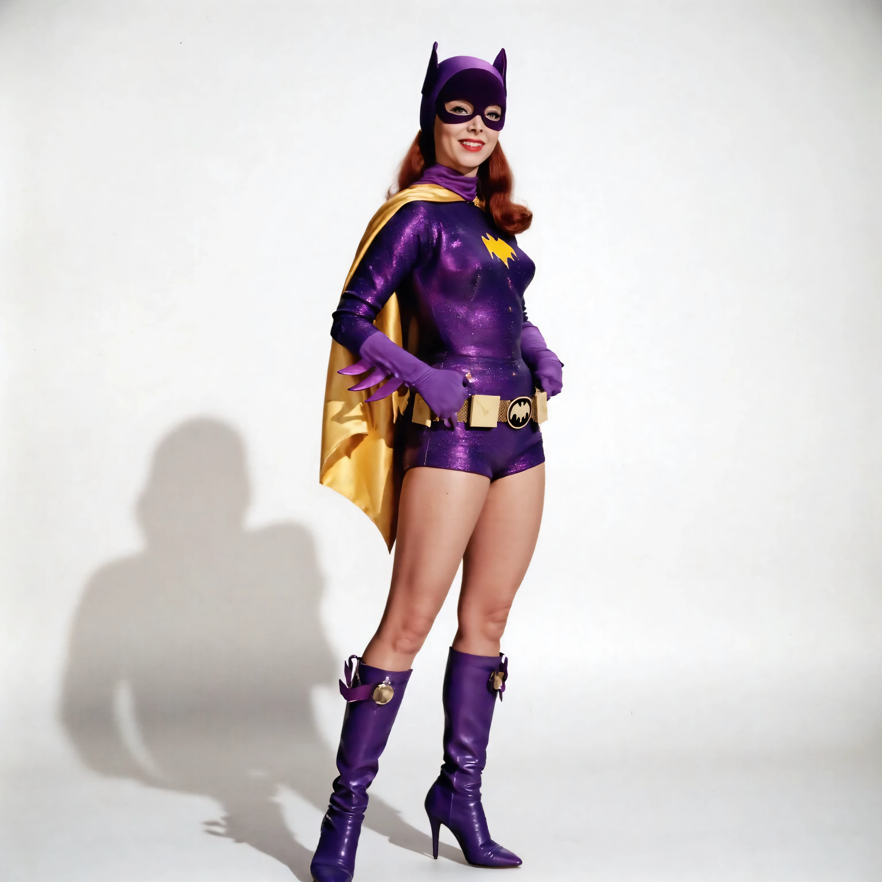B4tg1rl WOMAN, Yvonne Craig woman, Yvonne Craig as Batgirl, batgirl, 60s Batgirl, retro purple Batgirl costume, standing in a sexy pose ready to seduce batman, smiling, retro red hair, makeup, purple Batgirl gloves, full purple Batgirl cowl, purple Batgirl mask, purple Batgirl purple gloves, sexy purple leather knee high boots, wide hips, muscular waist, medium chest, sculpted abdominal musculature,