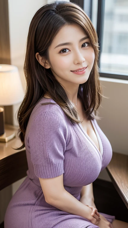 ((Highest quality, 8K, Tabletop :1.3)), Sharp focus :1.2, 美しいMature Woman, 48 years old, Mature Woman, ((Loose knit shirt)), Down blouse, ((Leaning forward)), (Huge breasts:1.3), Highly detailed face and skin texture, fine grain, (Round face:1.4)、((A kind smile))、((A captivating gaze))、
