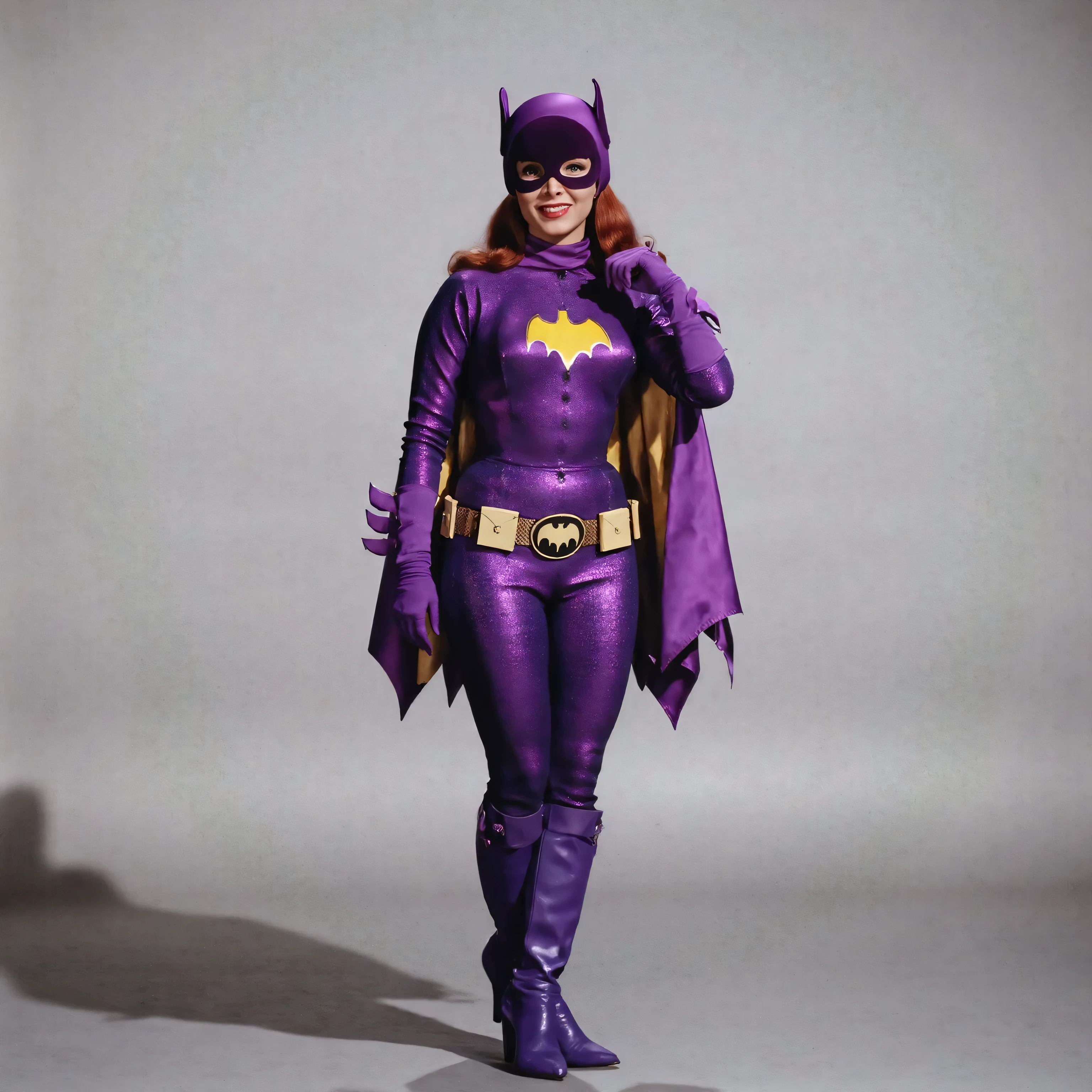 B4tg1rl WOMAN, Yvonne Craig woman, Yvonne Craig as Batgirl, batgirl, 60s Batgirl, retro purple Batgirl costume, standing in a sexy pose ready to seduce batman, smiling, retro red hair, makeup, purple Batgirl gloves, full purple Batgirl cowl, purple Batgirl mask, purple Batgirl purple gloves, sexy purple leather knee high boots, wide hips, muscular waist, medium chest, sculpted abdominal musculature,