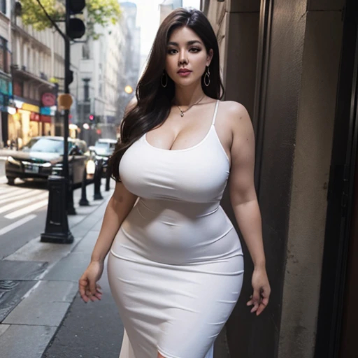 make a very curvy and beautiful woman wearing a white dress