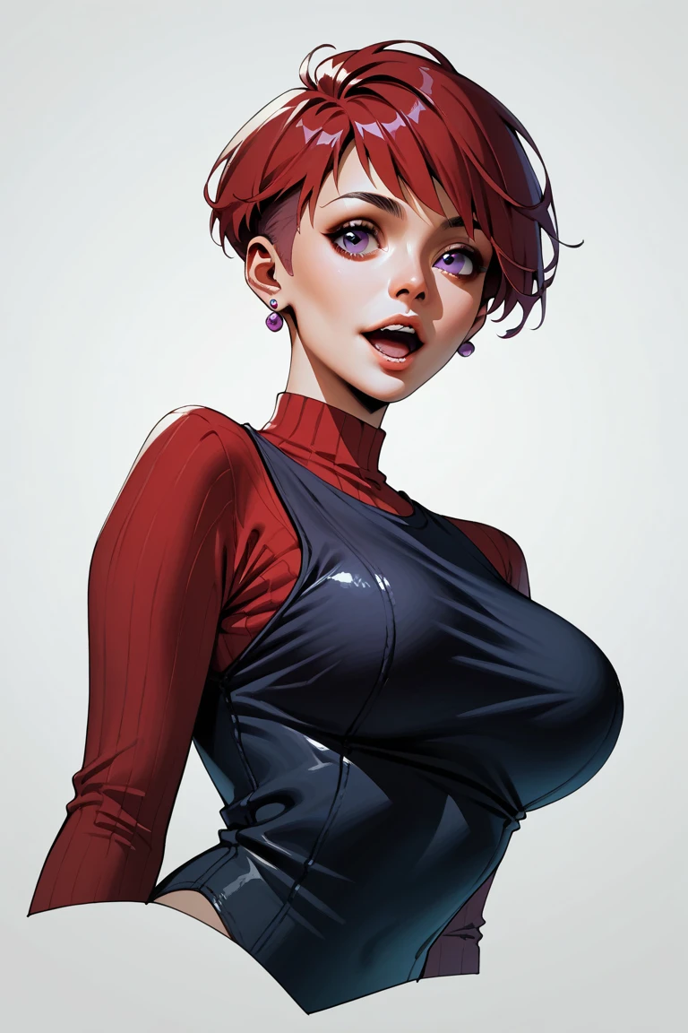 (high-level image quality), (high quality), (high resolution), (detailed), (masterpiece), beautiful woman, ((caucasian)), red hair, short hair, dark red lipstick, busty, slender body, Detailed eyes, perfect eyes, Detailed face, leather pants, cropped, backside, seductive face, nsfw,