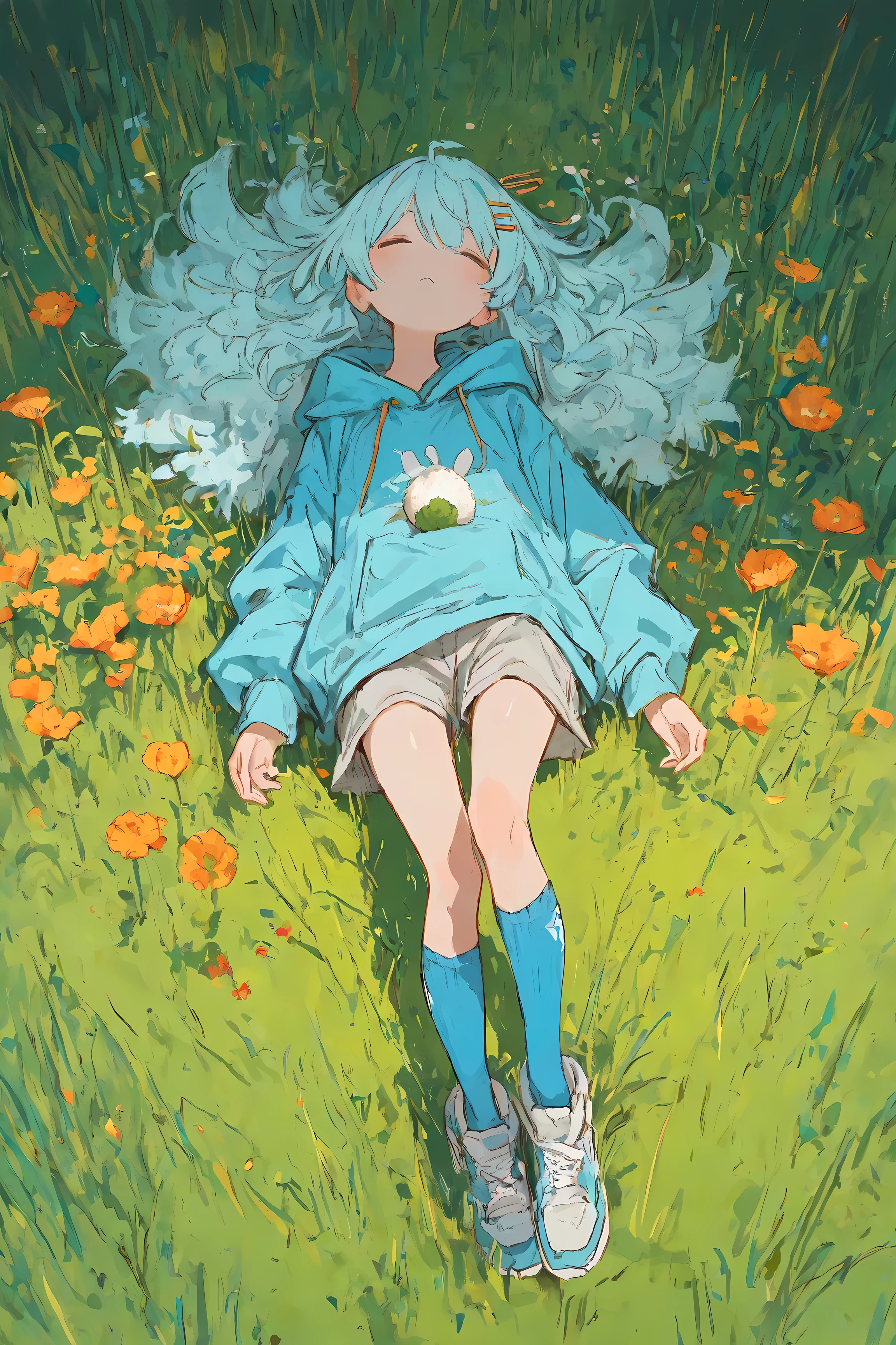  score_9, score_8_up,safe for work,solo,a girl,okmc\(light blue hair, long hair,fluffy hair,🍙\(rice ball\) shaped hairpin,closed eyes,no nose,small mouth,blue shoes,light blue Hoodie,Grey short pants,blue and white knee high socks\),she have orange flower,look viewers,[green grass field],from above,use soft tone color,intricate art work,detailed illustration,hand written sketch,HDR,8k