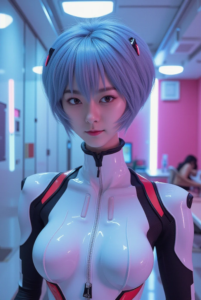 Evangelion,Rei Ayanami,Silvery blue hair,Red eyes,Red eyes,Plug Suit,Bodysuits,Interface Headset,白いBodysuits,Ultra HD,super high quality,masterpiece,Digital SLR,Realistic,Detailed explanation,Crisp details,depicted in detail,Detailed face,Detailed explanation,Super detailed,Realistic skin texture,Anatomical basis,Perfect Anatomy,Anatomically correct hand,Anatomically correct fingers,Complex 3D rendering,Sexy pose,Rainy Sky,Beautiful views,Beautiful rainy sky,Picturesque,Pink Lips,