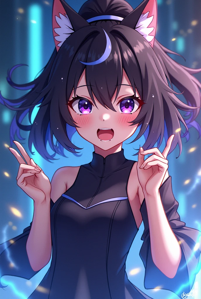 Cute girl with cat ears, Short Bob Hair, jet black shiny hair, sparkly eyes, False lashes, Glossy lips, A smile, large full breasts, Tight and sexy clothes made of leather, a miniskirt, Thumb and four fingers, Anatomically correct fingers, detail portrayal, Lustrous skin,