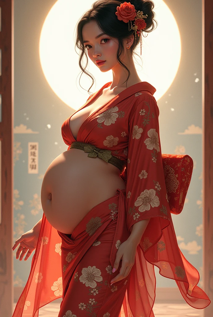 Sure! Here's the prompt in English:
"A beautiful Japanese goddess wearing a kimono, with long black hair that is hyper pregnant. Wallpaper size."
Let me know if you need any adjustments!