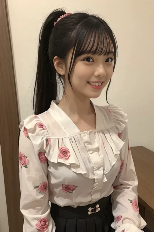 Raw photo、Ultra-realistic、Ultra detailed face、Detail lips、Detailed eyes、High school girl smiling showing her teeth、Long Hair:1.1、chest、Visible curves、Laughing with your mouth open 、Tokyo city角、 Whole body、( Slender body)、(Long Hair)、Big Breasts、Idol、(pastel colour)、18-year-old、Small face、Braid、 Tokyo city、Long beautiful legs 1.2、Curved waist、flower、uniform、blouse、Wide forehead